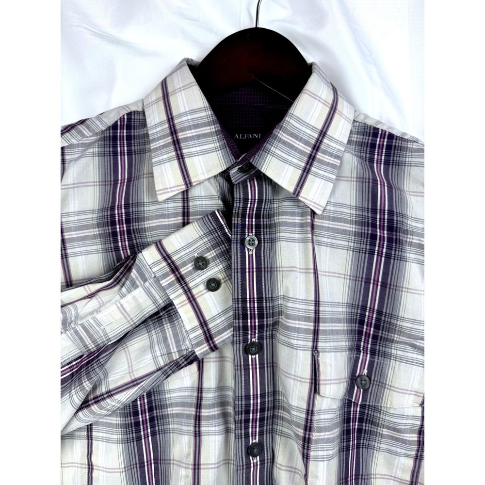 Alfani Mens Plaid Long Sleeve Button Down‎ Shirt Purple Gray White Size Medium